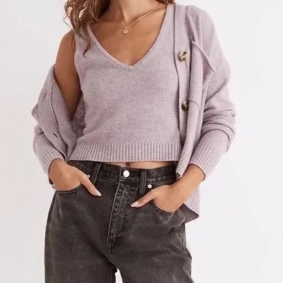 Madewell Upton Cardigan Cropped Wool Blend Lavender Sweater - Picture 7 of 8